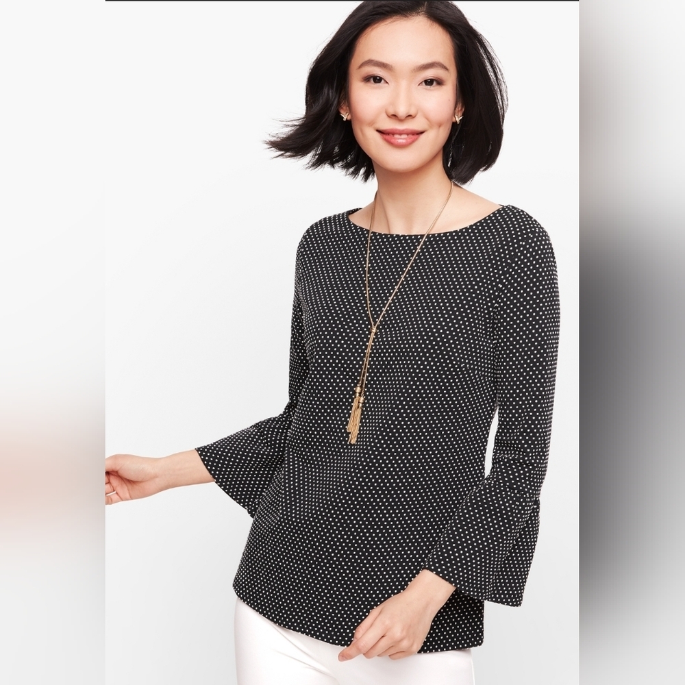 Talbots Flounce Sleeve Jacquared Polka Dot Top
